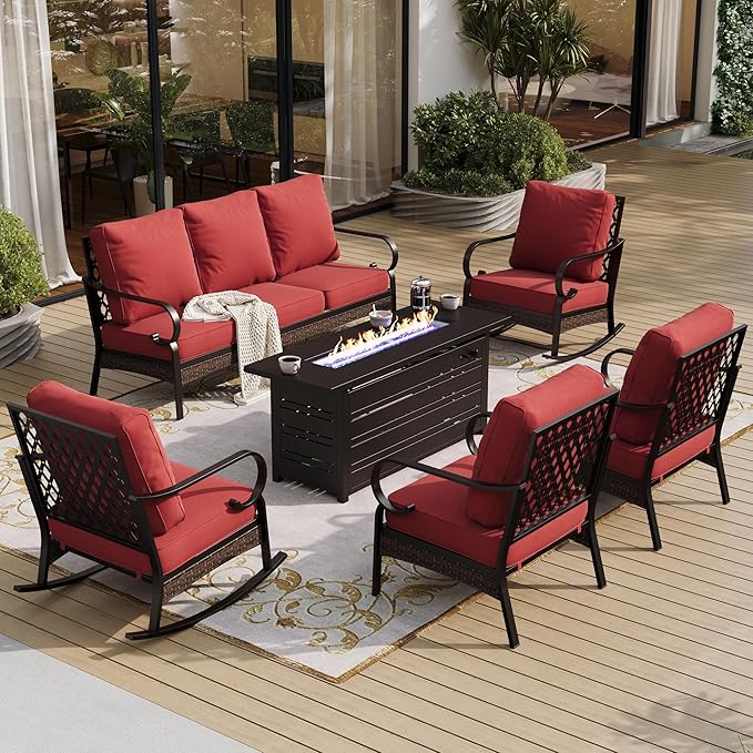 6 Piece Metal Outdoor Patio Furniture Sets with Firepit Table, Patio Conversation Sets 1 3-Seater Sofa, 2 Leg Sofa and 2 Rocking Chair with 5.75" Cushion for Backyard Deck, Rust Red