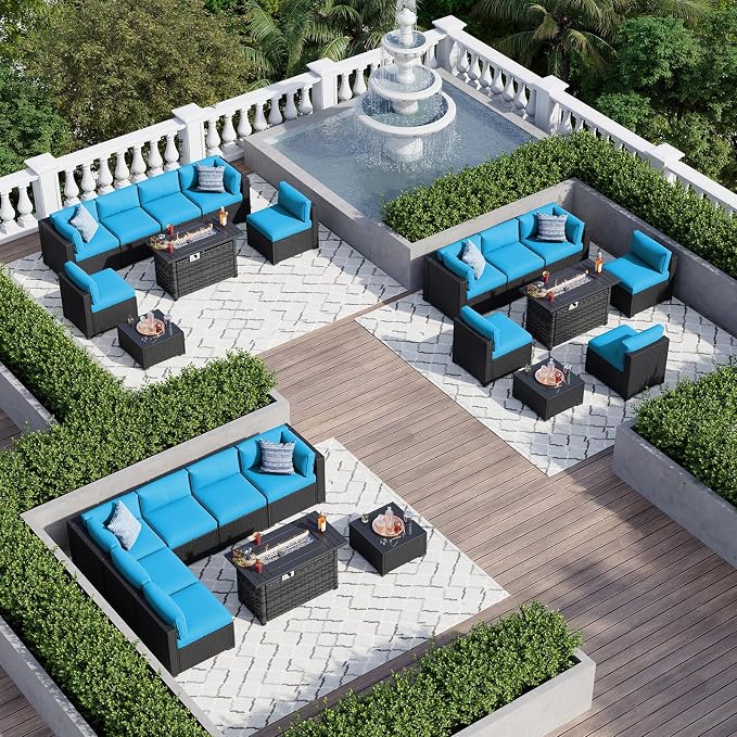 Aoxun 8 Piece Patio Furniture Set with 44” Fire Pit Table, Wicker Rattan Patio Sectional Sofa, Outdoor Furniture Set with Thickened Cushion, Peacock Blue