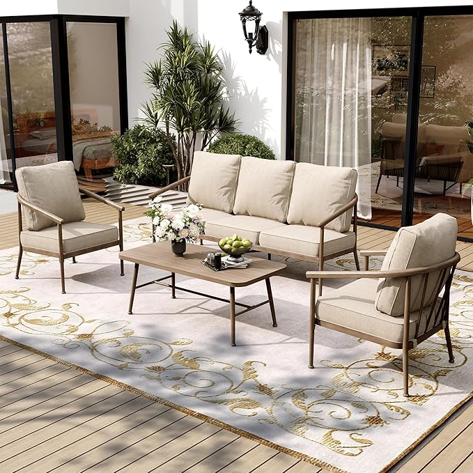 4 Piece Metal Outdoor Patio Furniture Sets, Unique Windsor Style Patio Conversation Sets 1 3-Seater Sofa, 2 Single Sofas and Coffee Table with 5.75" Thick Cushion, Backyard Furniture