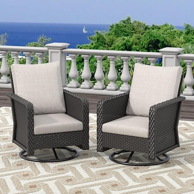 Brafab Outdoor Swivel Chair Set - PE Wicker Patio Conversation Sets Cushioned Seat Couch - 2 Seats Outdoor Sofa Set for Yard, Garden Porch, 2Pcs, Beige