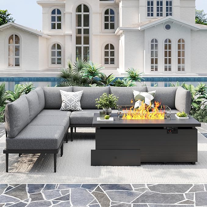 Metal Patio Furniture Set, 7 Pieces Outdoor Sectional Couch Sets with Fire Pit Table & Washable Cushion, Modular Outdoor Corner Sofa Set for Deck, Patio & Courtyard (Gray)