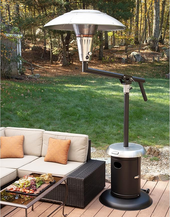 Cuisinart Perfect Position Propane Patio Heater, 38,200 BTU Powerful Directional Stainless Steel Outdoor Heater with Hidden Tank and Drink Table, Swivel Arm and Reflective Heat Shield
