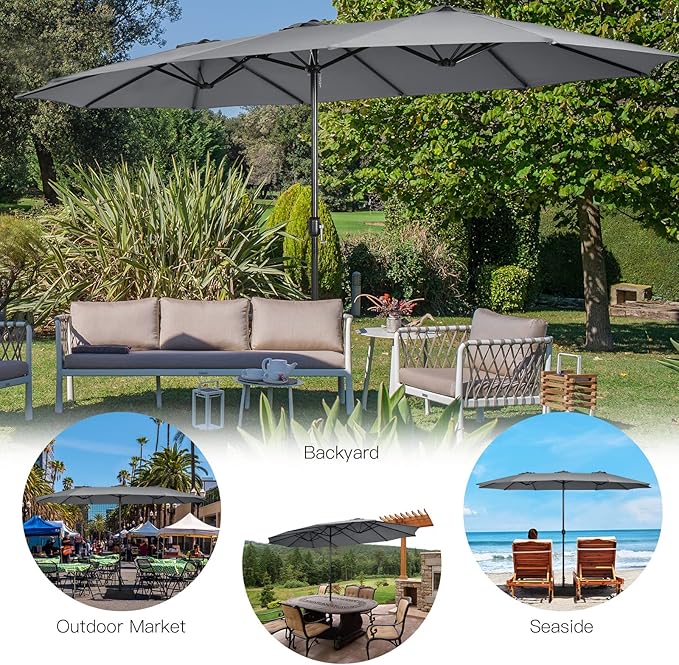 Tangkula 15FT Double-Sided Patio Umbrella with Base, Extra-Large Market Umbrella W/Crank System, Outdoor Twin Umbrella W/ 12-Rib Metal Structure & Air Vents for Garden, Backyard, Poolside (Gray)