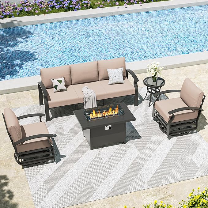 Kullavik Aluminum Patio Furniture Set with Propane Gas Fire Pit,5-seat Metal Outdoor Furniture w/Swivel Chairs,Patio Sectional Sofas w/5.1" Cushions for Patio,Backyard,Poolside-Sand