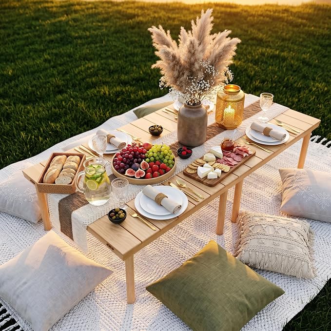 60"x30" Low Folding Picnic Table, Portable Boho Floor Table with Tablecloth, Ideal for Camping, Wedding, Beach, Garden, Party
