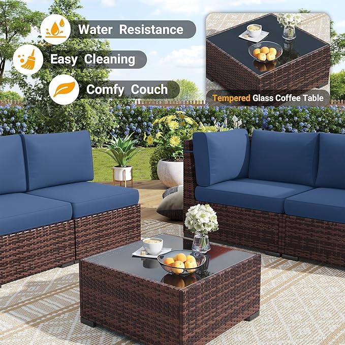Outdoor Patio Furniture Set with 44" Fire Pit Table 8 Pieces Rattan Patio Sectional Sofa Conversation Set w/55000 BTU Propane Gas Fire Pit, Coffee Table, 2 Waterproof Covers, Blue