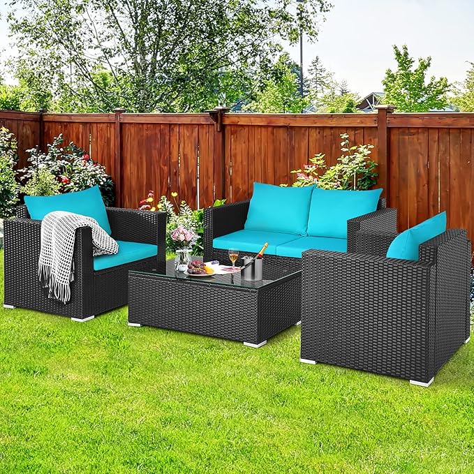 COSTWAY 4-Piece Patio Rattan Furniture Set, Cushioned Sofa Chair, Loveseat and Coffee Table with Tempered Glass Top, Outdoor Conversation Sets for Garden Poolside Balcony Porch (Turquoise)
