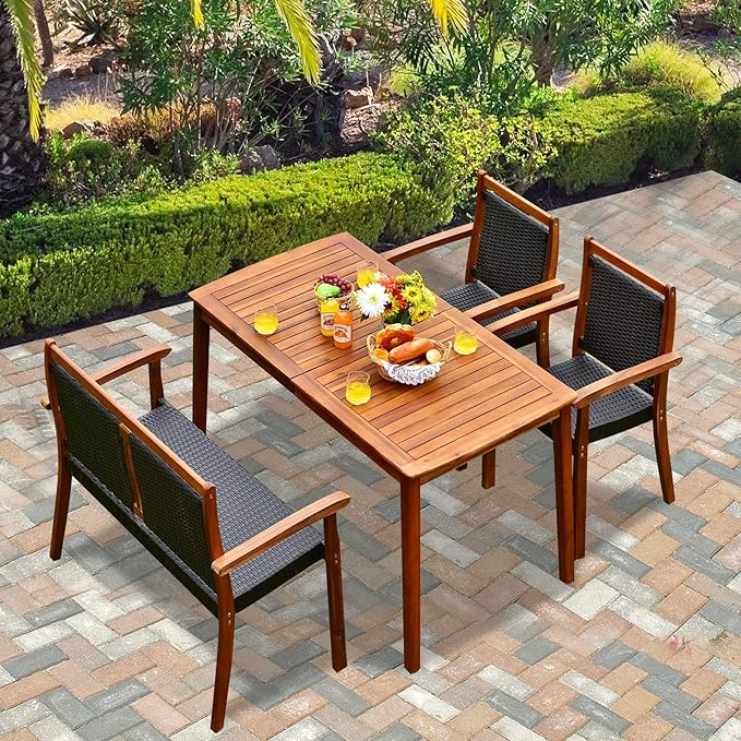 Tangkula 4 Pieces Patio Dining Set for 4, Patiojoy Space-Saving Outdoor Acacia Wood Dining Table and PE Rattan Chairs Set with 1.9” Umbrella Hole, for Garden, Backyard, Deck, Poolside, Balcony