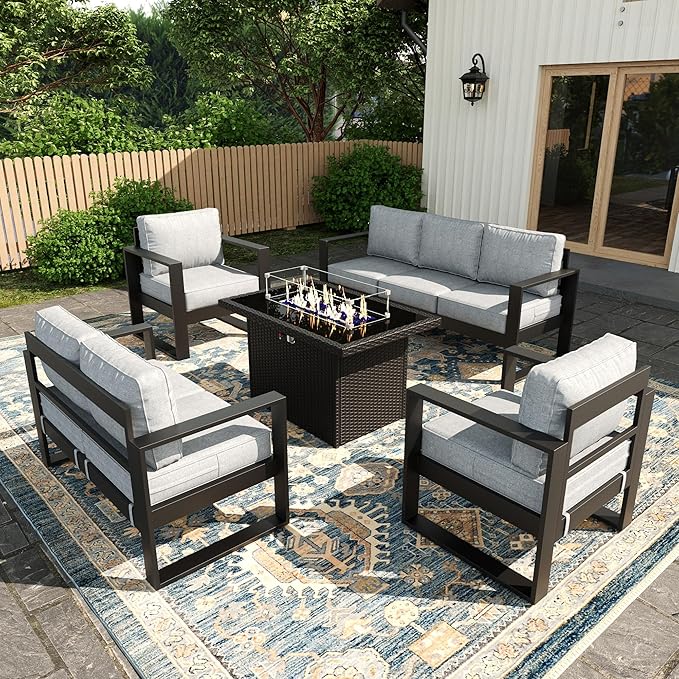 5 Piece Modern Aluminum Patio Furniture Set with Fire Pit Table, Outdoor Patio Sectional Conversation Metal Seating Sets with Olefin Cushion