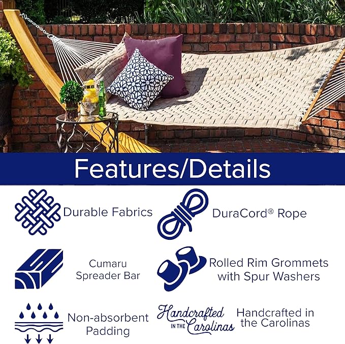 Hatteras Hammocks Antique Beige Soft Weave Hammock with Free Extension Chains & Tree Hooks, Handcrafted in The USA, Accommodates 2 People, 450 LB Weight Capacity, 13 ft. x 55 in.