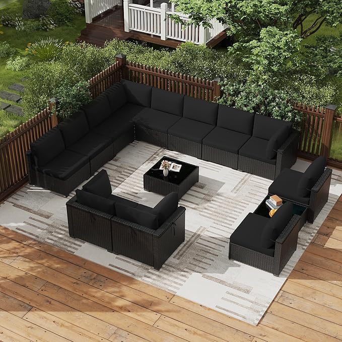 KIGOTY Patio Furniture Set,14 Pieces Modular Outdoor Sectional Sofa, PE Rattan Patio Conversation Set, All Weather Wicker Patio Furniture with Cushions and Coffee Table（Black/Black）
