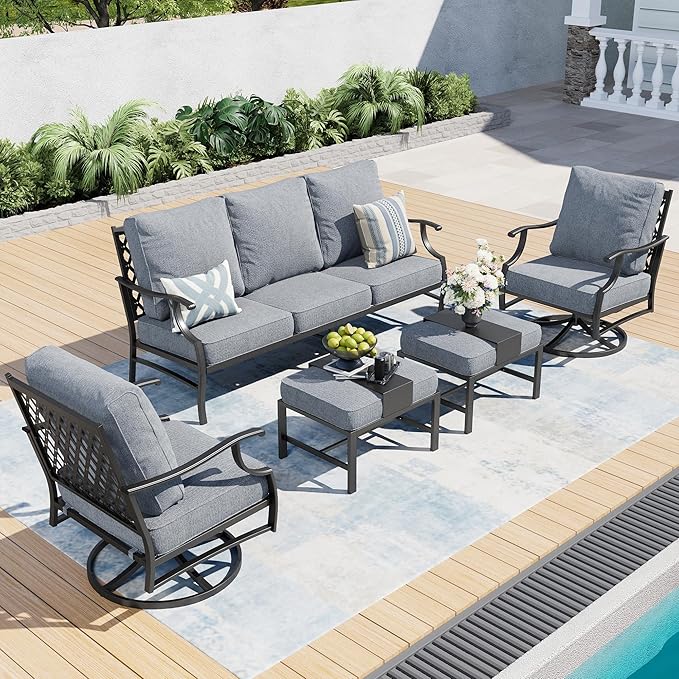 5 Piece Metal Outdoor Patio Furniture Sets, Patio Conversation Sets 1 3-Seater Sofa, 2 Swivel Chairs, 2 Ottomans with 5.75" Thick Cushion, Black All-Weather Backyard Furniture, Gray