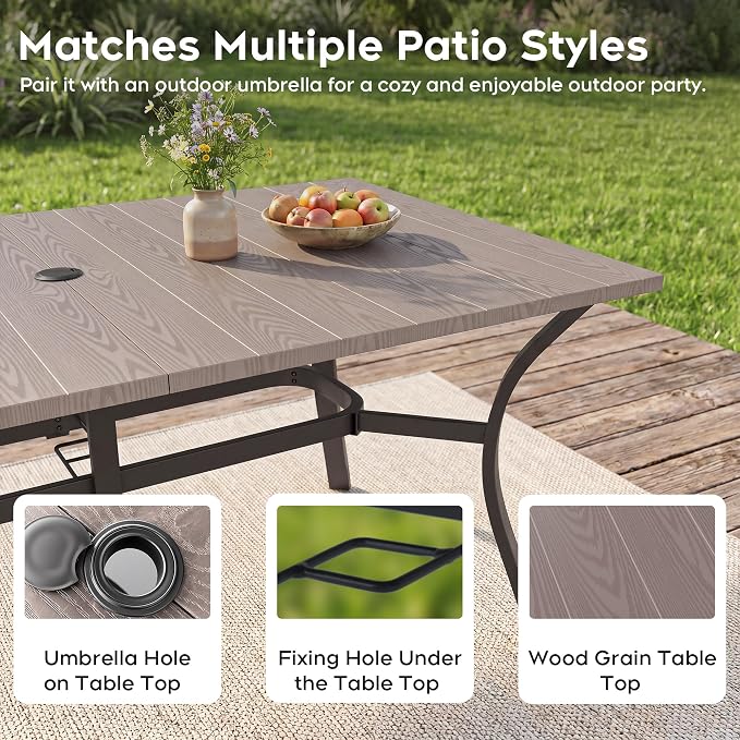 Outdoor Dining Table for 6-63" x 38" Matel Patio Table with E-Coated Finish, 1.6" Umbrella Hole for Garden, Backyard