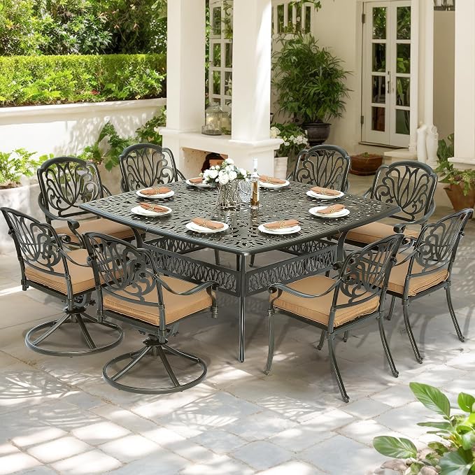 9-Piece Patio Cast Aluminum Dining Set, Outdoor Dining Furniture Set for 8 Person, Includes 64" Square Table, 6 Stationary and 2 Swivel Dining Chairs with Umbrella Hole, Tan