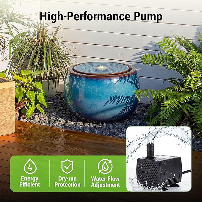 9-Inch Outdoor Water Fountain, Indoor Round Bubbler Water Feature with LED Light, Eastern Ceramic Waterfall Fountain, Classic Decor for Garden, Patio, Yard, Porch, Deck, Balcony in Blue