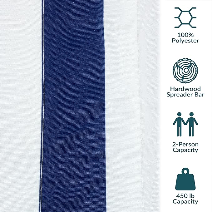 Sunnydaze Extra Large Quilted Hammock with Spreader Bars - 2-Person Hammock for Outside - Blue and White Stripe