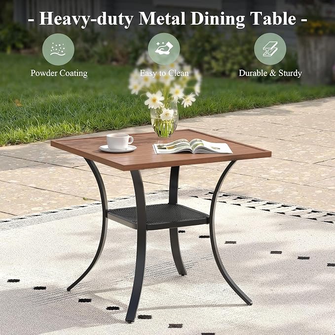 3 Pieces Outdoor Dining Set, 27.5" Square Table & Stackable Patio Dining Chairs, Patio Table and Chairs Set for Deck Garden Porch, Brown Chairs & Walnut Table