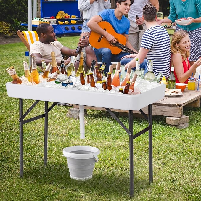 Folding Ice Cooler Table with Drain & Removable Matching Skirt, No Assembly Outdoor Cooler Side Tables, Beverage Fill and Chill Tables, Portable Ice Table for Party BBQ Camping Wedding