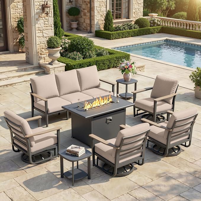 Aluminum Outdoor Patio Furniture Set, 8-Piece Sectional Sofa with 5.1" Thick Cushions, 4 Swivel Rocking Chairs, 55,000 BTU Propane Fire Pit Table, Outdoor Couch for Backyard, Deck, Khaki