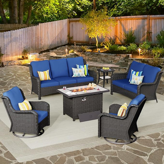 ovios 6 Pieces Patio Furniture Set with 42 inch Fire Pit Table, Outdoor Wicker Sofa Couch Loveseat, Swivel Rocking Glider Chairs, Modern Conversation Set, Brown Rattan, Navy Blue