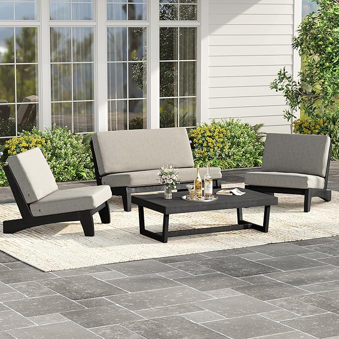 UIXE Black Wood Patio Furniture Sets, 4 Pieces All Weather Outdoor Sectional Futniture Patio Sofa Chair Backyard Conversation Set with Solid Wooden Coffee Table - Light Camel