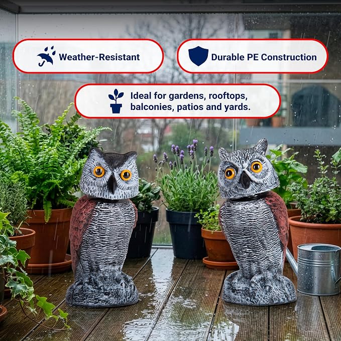 Arrigo Fake Owl Decoys to Scare Birds Away – 2pc Wind-Driven Rotating Head – Plastic Owl Statue Scarecrows – Realistic Deterrent for Critters & Squirrels - Garden, Patio, Boats, and Yard Decor