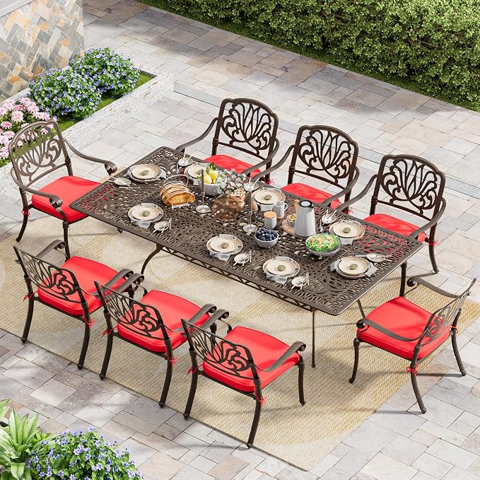 Grepatio 9 Piece Cast Aluminum Outdoor Dining Set, Patio Furniture Set with 2“ Umbrella Hole and 8 Chairs with Cushions, Patio Dining Furniture Set for Porch Poolside Garden (Red)