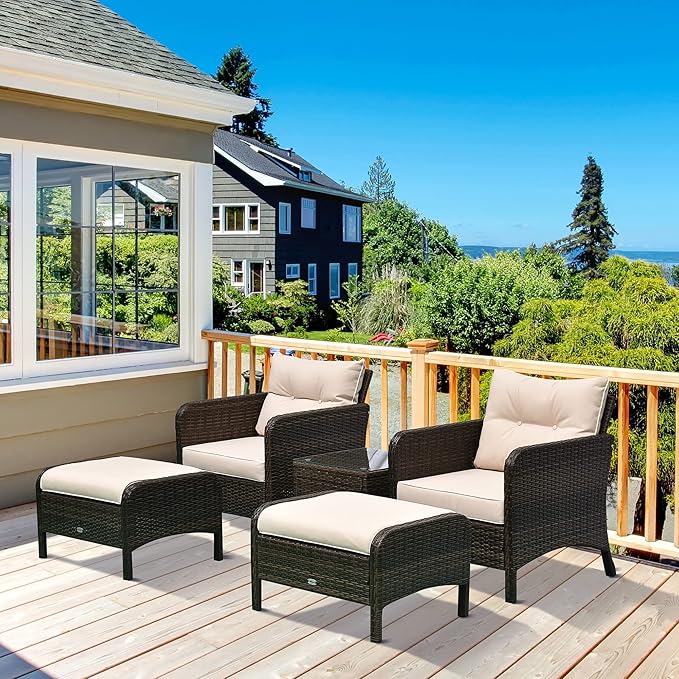 Outsunny 5 Pieces Rattan Wicker Lounge Chair Outdoor Patio Conversation Set with 2 Cushioned Chairs, 2 Ottomans and Tempered Glass Top Coffee Table, Brown/Beige