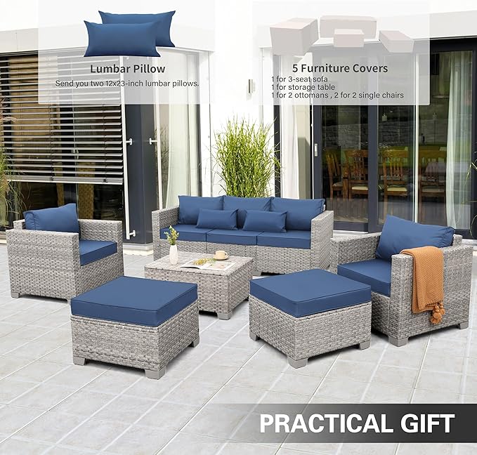WAROOM Patio Furniture Set 6 Piece PE Rattan Outdoor Conversation Sets Grey Wicker Couch Sectional Sofa with Storage Coffee Table and Navy Blue Cushion
