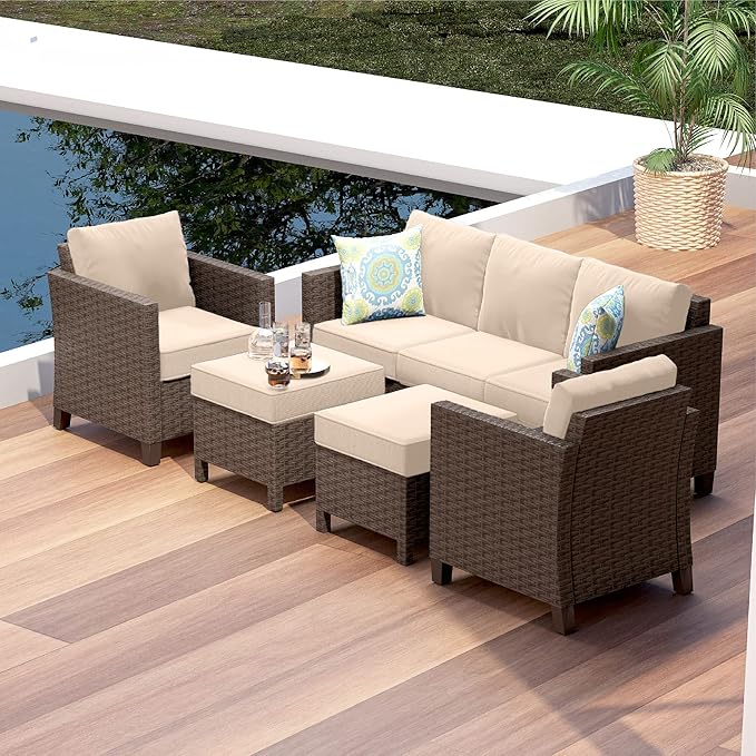 Nestl Outdoor Patio Furniture Sofas, Brown Base/Beige Cushions