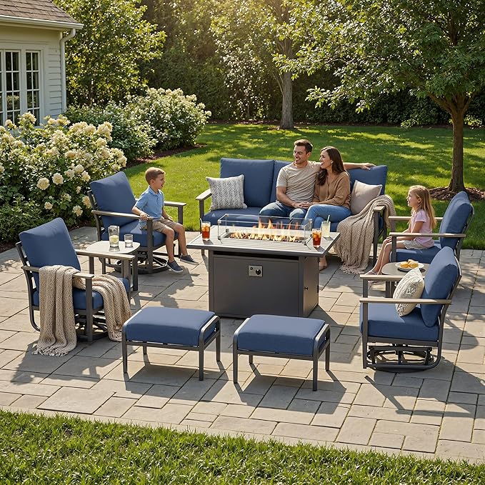 9-Seat Outdoor Patio Furniture Set with Rocking Swivel Chairs, Aluminum Sectional Sofa with Ottomans Patio Conversation Set with 55,000 BTU Fire Pit Table & High Backrest, Navy Blue