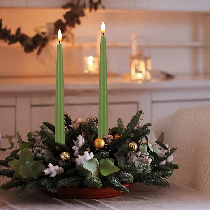 CVHOMEDECO. Flameless Taper Candles with 10-Key Remote, Battery Operated Led Flickering 3D Wick Window Candles Real Wax Finished Home Christmas Party Decor 0.78 x 11 Inch, Pack of 2, Sage Green
