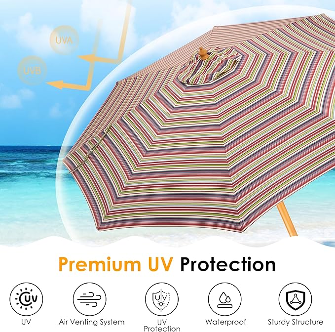 9ft Wooden Umbrella, Outdoor Patio Umbrella, Wood Market Umbrella, Patio Umbrella Wood Pole with Pulley Lift for Garden, Yard, Deck, Pool, Market