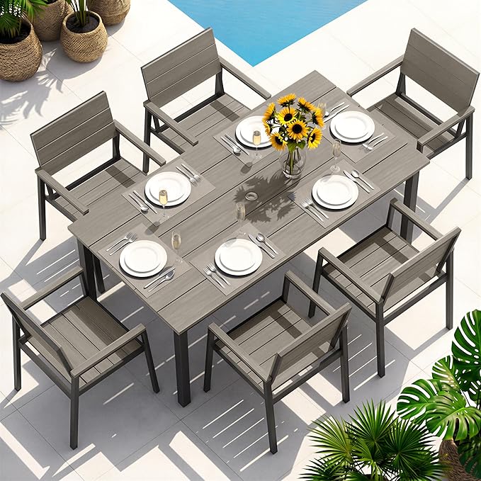 Outdoor Dining Set for 6, Aluminum Patio Table and Chairs Set with Umbrella Hole, 7 Piece HDPS Outdoor Furniture Sets for Patio, Garden (Gray)