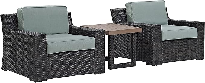 Crosley Furniture Beaufort Beaufort 3-Piece Outdoor Chair and Side Table Set, Wicker Patio Conversation Sets, Brown with Mist Cushions