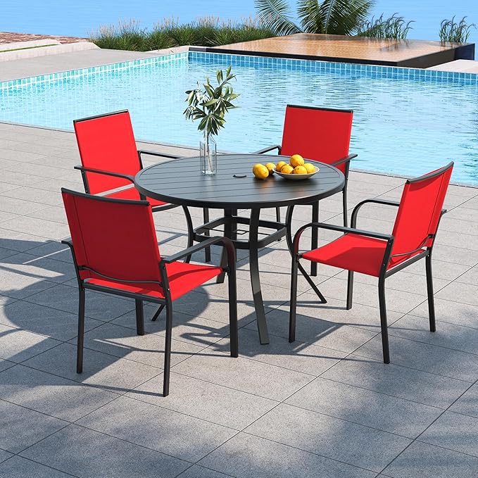 Anmutig Outdoor Patio Round Table and Chairs Furniture Set with 4 Stackable Cherry Red Chairs, 41" Dining Table