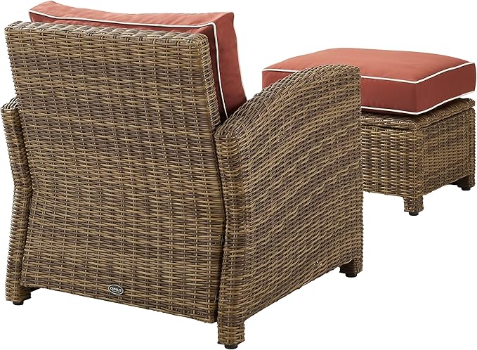Crosley Furniture Bradenton 2-Piece Outdoor Chair and Ottoman Set, Wicker Patio Conversation Sets for Porch, Brown with Sangria Cushions