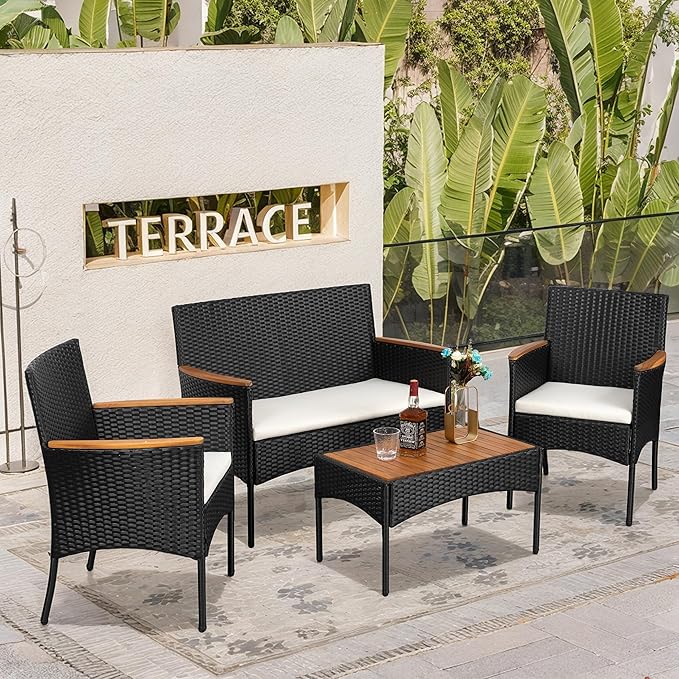 SUNLEI Multi Pieces Outdoor Patio Furniture Sets Conversation Sets Rattan Chair Wicker Set,Glass Table,Outdoor Indoor Use Backyard Porch Garden Poolside (Black, 4 PCS-White/Wood Tabletop)…