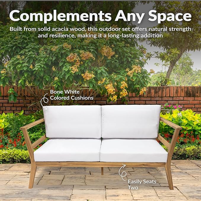 Sunnydaze 3-Piece Outdoor Patio Furniture Set - Bodie Acacia Wood Patio Conversation Set - Outdoor Seating with Cushions - Bone White