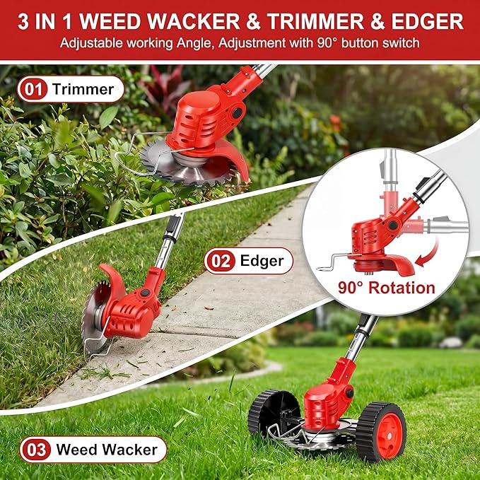 21V Cordless Weed Wacker with Wheels, 3-in-1 String Trimmer/Lawn Edger/Brush Cutter, 2x2.0Ah Battery & 3 Blades, Adjustable Height, Lightweight & Easy for Thick Weeds & Small Yards – Homeowner