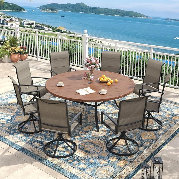 Outdoor Dining Set for 8, 60" Outdoor Dining Table with Umbrella Hole and Padded Textilene Patio Swivel Chairs, 9 Pieces Patio Table and Chairs Set for Garden Backyard, Mixed Brown and Walnut