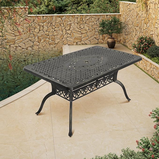 Clihome 59" Outdoor Dining Table 6-Person Cast Aluminum Patio Table with 2" Umbrella Hole Rectangle Patio Dining Table for Yard, Garden, Patio B