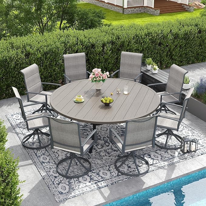 DIFY 9 Piece Outdoor Patio Dining Set for 8, 63" Grey Wood-Like Round Metal Dining Table and Swivel Patio Chairs with Grey Padded Textilene, All-Weather Outdoor Furniture Set for Garden Backyard