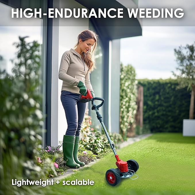 Syluris Electric Weed Wacker String Trimmer, Battery Powered Weed Eater with 4 Types of Blades and Upgraded Metal Lid, 2Pcs of Batteries & Wheels（Red）