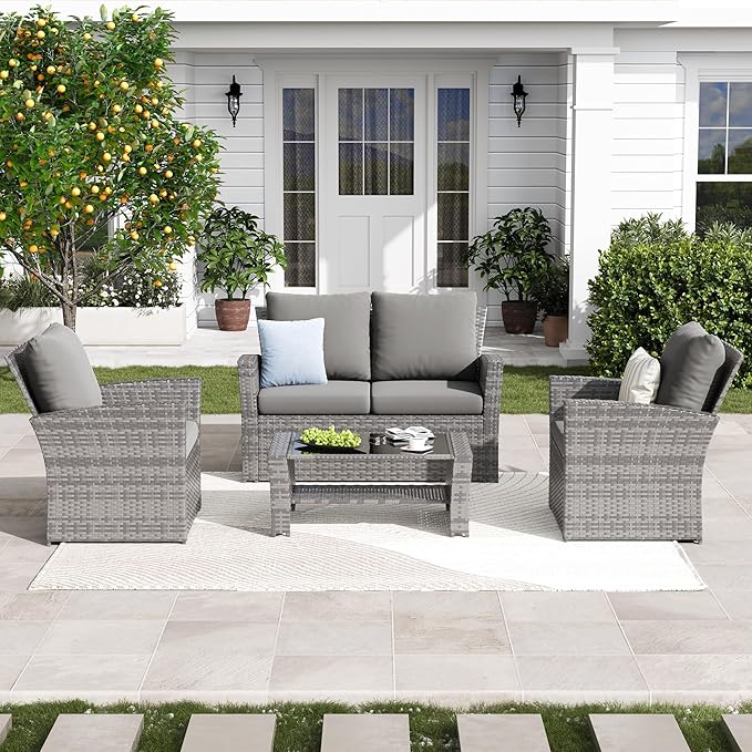 Amopatio 4 Piece Outdoor Wicker Patio Furniture Set, PE Rattan Sectional Sofa with Thick Cushions & Tempered Glass Table, Weather-Resistant Patio Conversation Sets for Balcony, Backyard, Grey