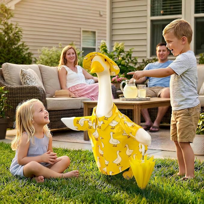 Yellow Goose Printed Raincoat Goose Outfits Porch Printed Waterproof Clothes with Umbrella Hat Fits 23" Geese Statue for Spring Garden Lawn Patio Yard Outdoor Decor (Special Printed)