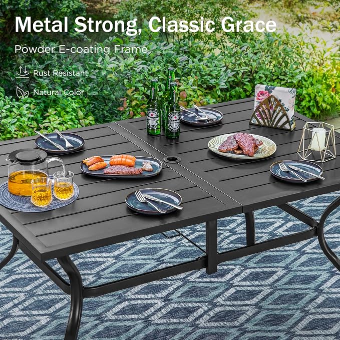 PHI VILLA Outdoor Dining Set for 6, 60" Metal Table & Swivel Chairs | 7 pcs black wrought iron furniture set w/ umbrella hole. All weather for patio, deck, yard, porch