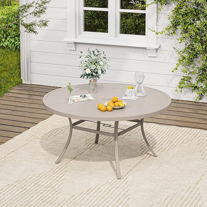 VICLLAX Outdoor Table and Chairs Set for 6, Patio Dining Set of 50 Metal Round Patio Table with Umbrella Hole & 6 Swivel Outdoor Dining Chairs for Backyard Lawn, Sandshell