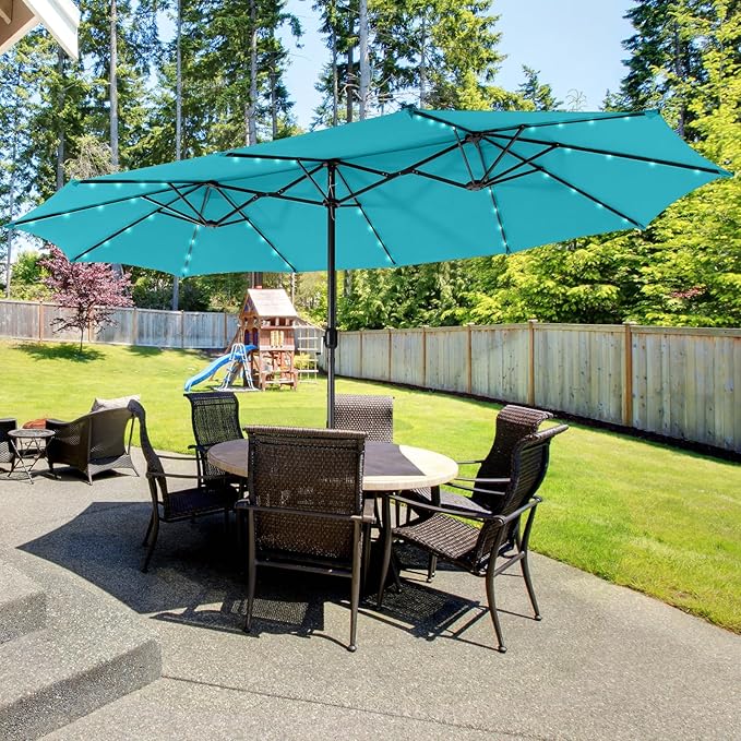Giantex 15 FT Double Patio Umbrellas with 48 Solar LED Lights, Auto-Charging Panel, Crank System, Outdoor Extra-Large Rectangle Market Table Umbrella for Garden Deck Backyard Beach Pool