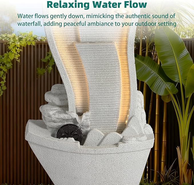 Outdoor Water Fountain, Garden Fountains with Water Wheel, Outside Sailboat Waterfalls with LED Lights, Modern Cascading Flow Fountain for Garden, Yard, Patio, Home Decor